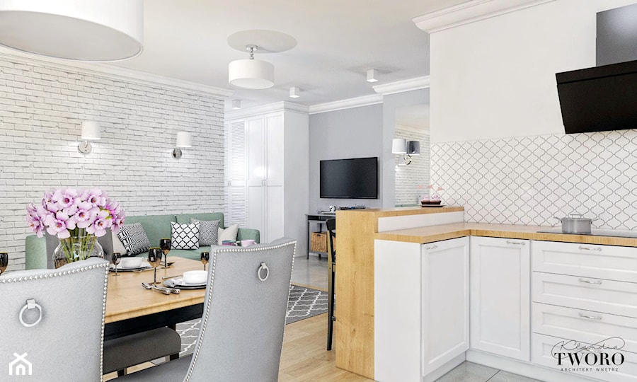Mieszkanie_2 - Średni biały szary salon z kuchnią z jadalnią - zdjęcie od Klaudia Tworo Projektowanie Wnętrz