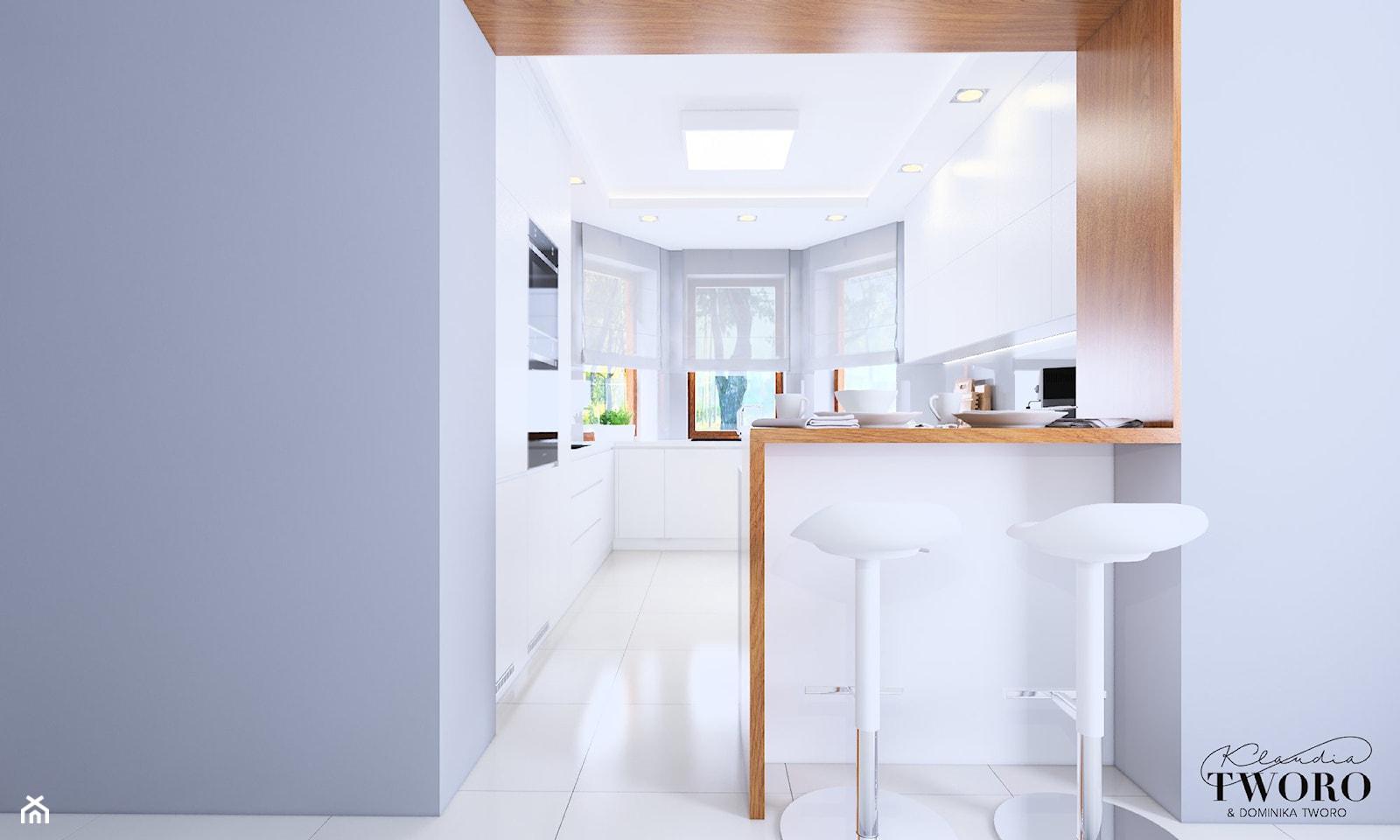 Kuchnia - Dom Gać Warcka - Duża otwarta biała z zabudowaną lodówką kuchnia w kształcie litery g z wyspą lub półwyspem z oknem, styl minimalistyczny - zdjęcie od Klaudia Tworo Projektowanie Wnętrz - Homebook