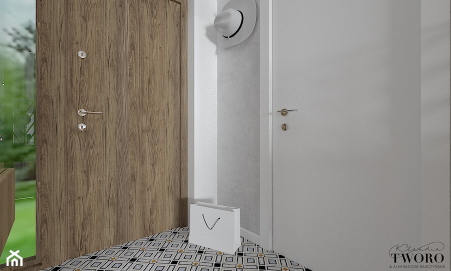 Dom w Jarocinie - Mały z wieszakiem biały szary hol / przedpokój, styl nowoczesny - zdjęcie od Klaudia Tworo Projektowanie Wnętrz