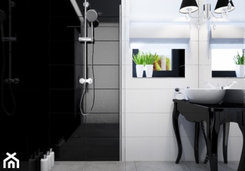 DOM Z BAMBUSAMI - Średnia z lustrem z punktowym oświetleniem łazienka z oknem, styl nowoczesny - zdjęcie od Klaudia Tworo Projektowanie Wnętrz