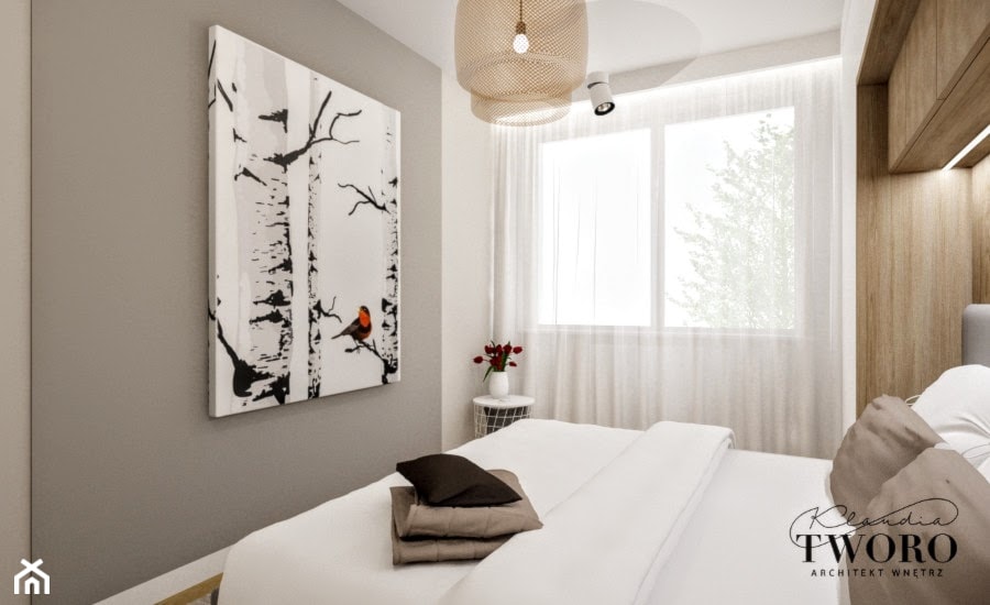 Kolorowy Gocław 2 - Mała beżowa szara sypialnia - zdjęcie od Klaudia Tworo Projektowanie Wnętrz