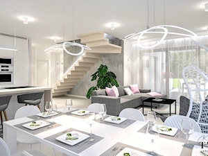 Dom w Sopocie - Duży biały szary salon z kuchnią z jadalnią z tarasem / balkonem - zdjęcie od Klaudia Tworo Projektowanie Wnętrz