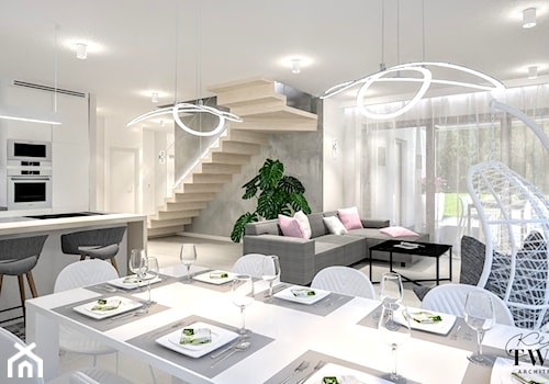 Dom w Sopocie - Duży biały szary salon z kuchnią z jadalnią z tarasem / balkonem - zdjęcie od Klaudia Tworo Projektowanie Wnętrz