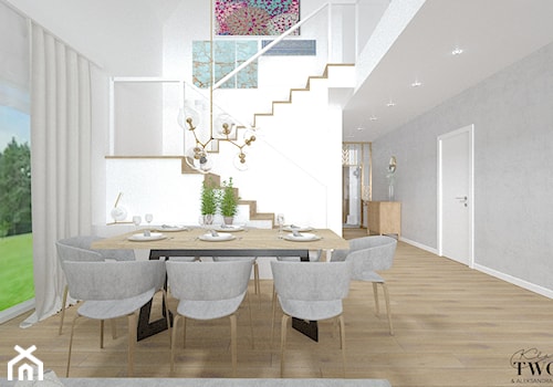 Dom w Jarocinie - Duża biała szara jadalnia w salonie, styl nowoczesny - zdjęcie od Klaudia Tworo Projektowanie Wnętrz