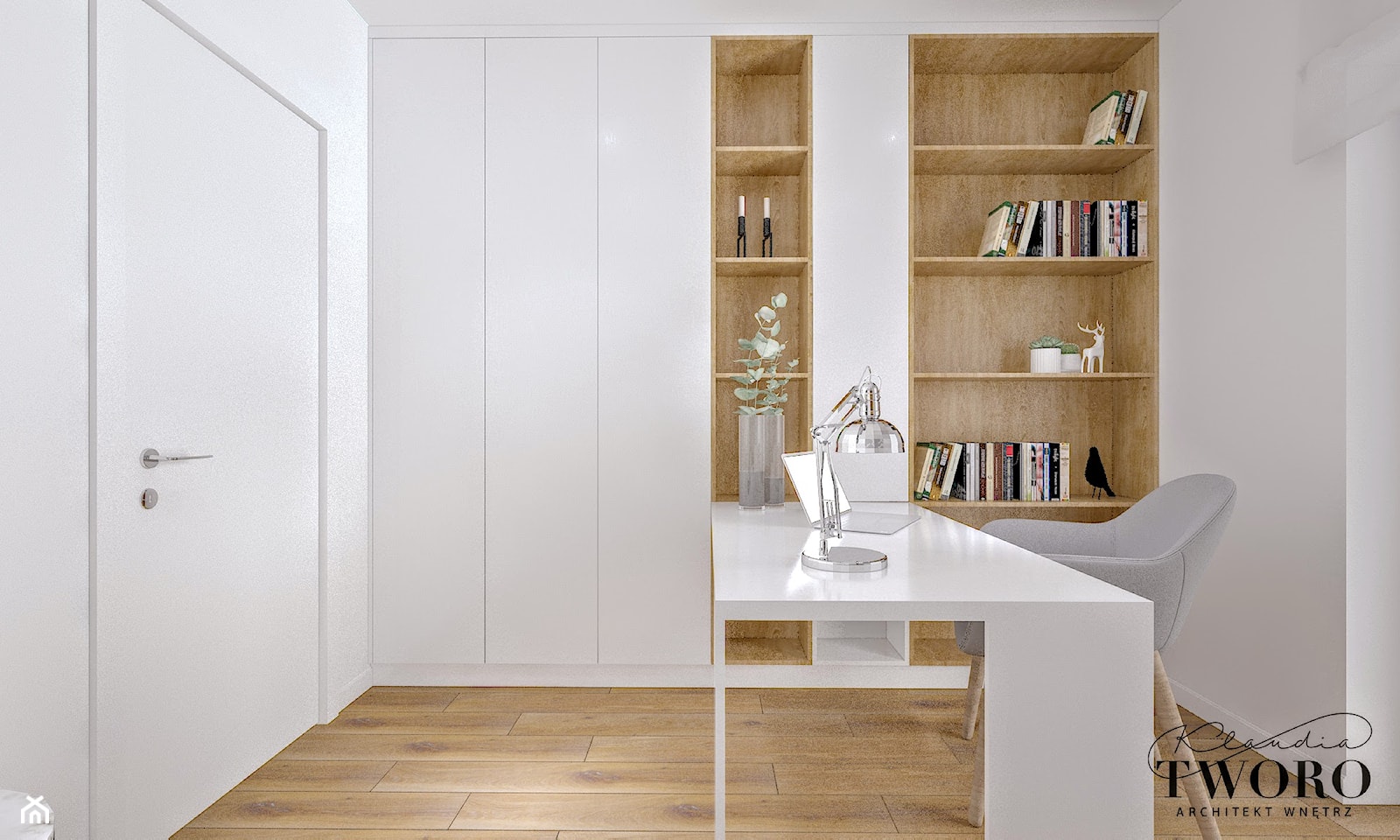 Dom w Jarocinie - Małe w osobnym pomieszczeniu z zabudowanym biurkiem białe biuro, styl nowoczesny - zdjęcie od Klaudia Tworo Projektowanie Wnętrz - Homebook