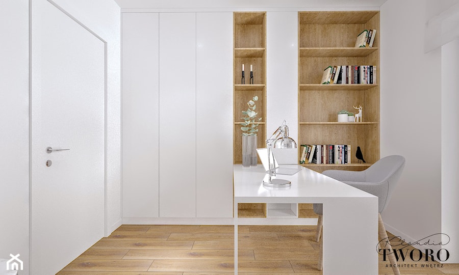 Dom w Jarocinie - Małe w osobnym pomieszczeniu z zabudowanym biurkiem białe biuro, styl nowoczesny - zdjęcie od Klaudia Tworo Projektowanie Wnętrz
