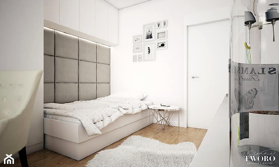 Żoliborz Artystyczny 88,5 - Średnia biała szara z biurkiem z panelami tapicerowanymi sypialnia, styl nowoczesny - zdjęcie od Klaudia Tworo Projektowanie Wnętrz