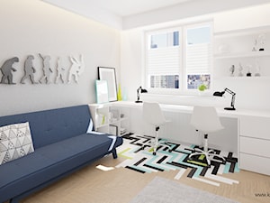 Pokój rodzeństwa – turkus - Średni biały z panelami tapicerowanymi pokój dziecka dla dziecka dla chłopca, styl nowoczesny - zdjęcie od Klaudia Tworo Projektowanie Wnętrz