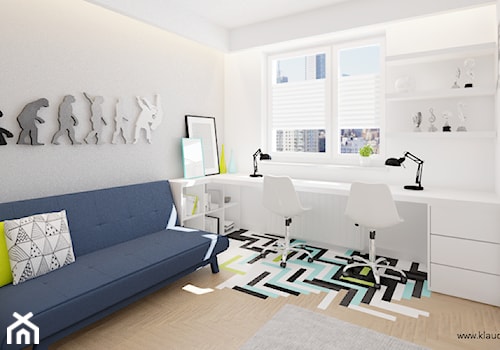 Pokój rodzeństwa – turkus - Średni biały z panelami tapicerowanymi pokój dziecka dla dziecka dla chłopca, styl nowoczesny - zdjęcie od Klaudia Tworo Projektowanie Wnętrz