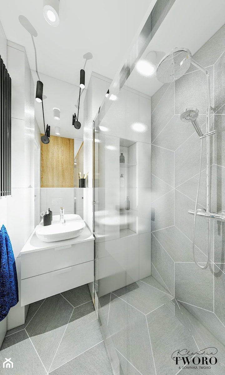 Mieszkanie w Konstantynowie Łódzkim - Mała z lustrem z punktowym oświetleniem łazienka, styl nowoczesny - zdjęcie od Klaudia Tworo Projektowanie Wnętrz
