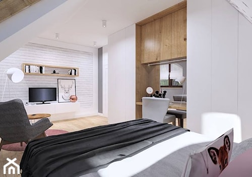 Sypialnia z akcentem różu - Średnia biała szara sypialnia na poddaszu, styl nowoczesny - zdjęcie od Klaudia Tworo Projektowanie Wnętrz