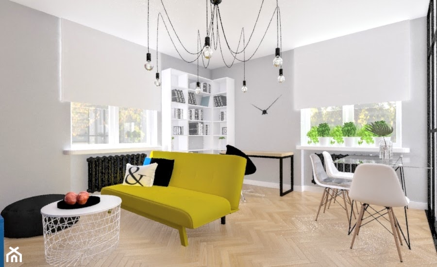 Mieszkanie_1 - Średni szary salon z jadalnią z bibiloteczką - zdjęcie od Klaudia Tworo Projektowanie Wnętrz