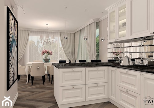 Dom w Aurorach - Średnia z salonem biała z zabudowaną lodówką kuchnia w kształcie litery l z wyspą lub półwyspem - zdjęcie od Klaudia Tworo Projektowanie Wnętrz