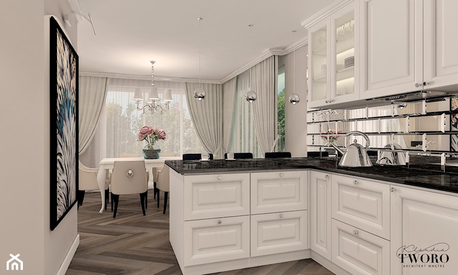 Dom w Aurorach - Średnia z salonem biała z zabudowaną lodówką kuchnia w kształcie litery l z wyspą lub półwyspem - zdjęcie od Klaudia Tworo Projektowanie Wnętrz