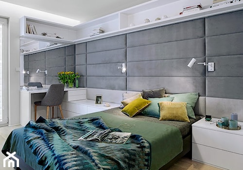Żoliborz Artystyczny - Średnia biała szara z panelami tapicerowanymi sypialnia, styl nowoczesny - zdjęcie od Klaudia Tworo Projektowanie Wnętrz