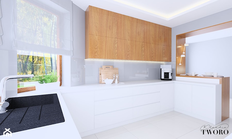 Kuchnia - Dom Gać Warcka - Średnia zamknięta z kamiennym blatem biała z lodówką wolnostojącą z nablatowym zlewozmywakiem kuchnia w kształcie litery g z oknem, styl minimalistyczny - zdjęcie od Klaudia Tworo Projektowanie Wnętrz