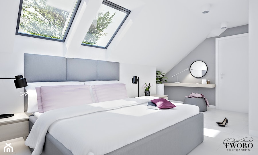 Dom w Sopocie - Średnia biała szara sypialnia na poddaszu - zdjęcie od Klaudia Tworo Projektowanie Wnętrz