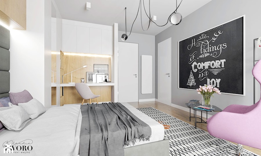Średnia biała szara z biurkiem sypialnia, styl nowoczesny - zdjęcie od Klaudia Tworo Projektowanie Wnętrz