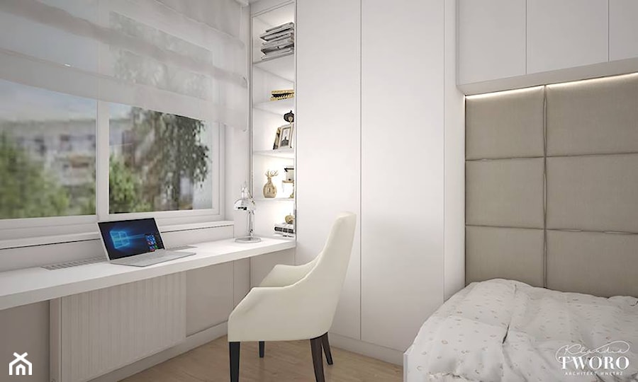 Żoliborz Artystyczny 88,5 - Średnia beżowa biała z biurkiem z panelami tapicerowanymi sypialnia, styl nowoczesny - zdjęcie od Klaudia Tworo Projektowanie Wnętrz