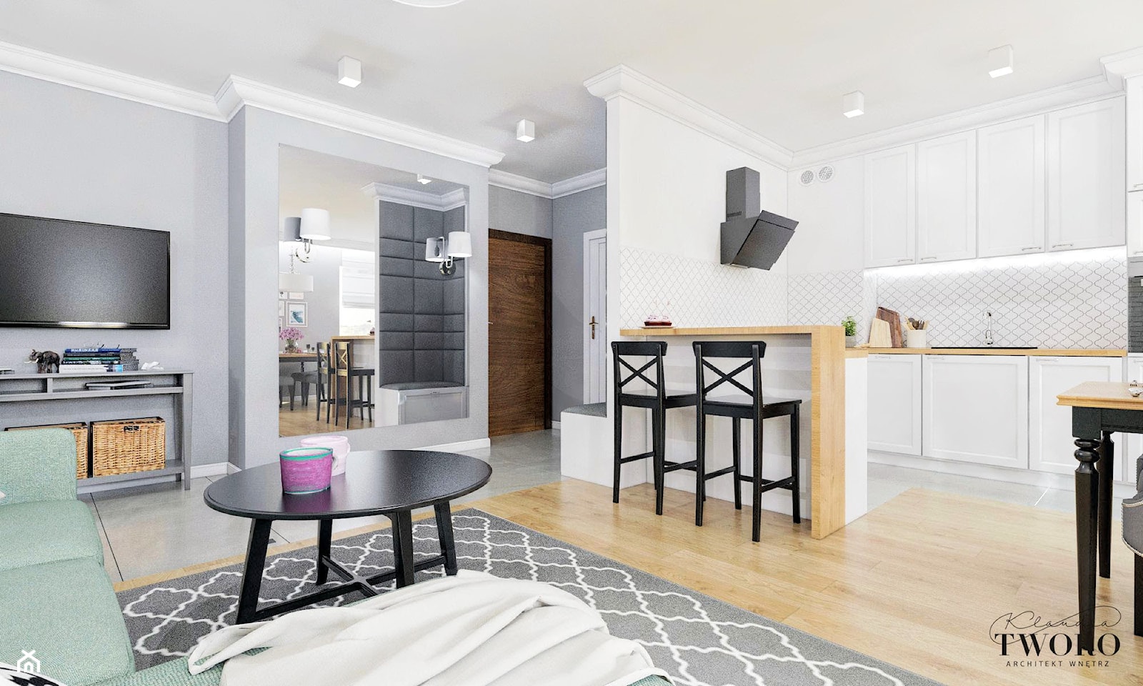 Mieszkanie_2 - Średni szary salon z kuchnią z jadalnią - zdjęcie od Klaudia Tworo Projektowanie Wnętrz - Homebook
