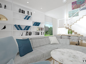 Dom w Jarocinie - Duży biały salon z jadalnią z bibiloteczką, styl nowoczesny - zdjęcie od Klaudia Tworo Projektowanie Wnętrz