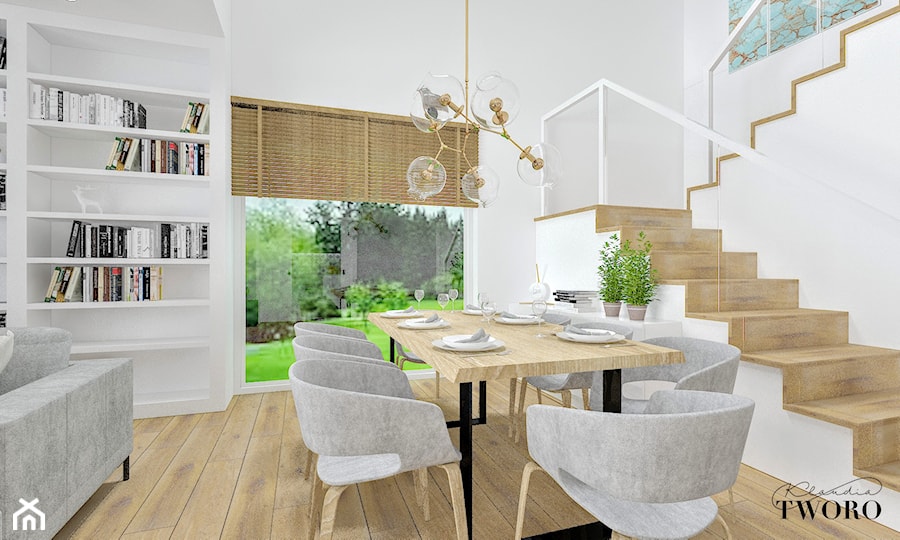 Dom w Jarocinie - Średni biały salon z jadalnią z bibiloteczką, styl nowoczesny - zdjęcie od Klaudia Tworo Projektowanie Wnętrz