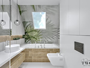 Dom w Jarocinie - Mała na poddaszu z lustrem z dwoma umywalkami łazienka z oknem, styl nowoczesny - zdjęcie od Klaudia Tworo Projektowanie Wnętrz