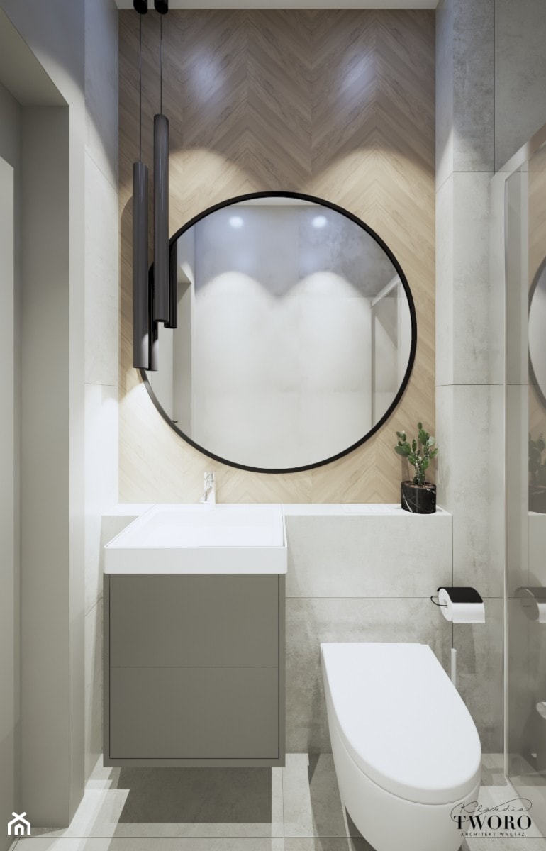Łazienka z okrągłym lustrem - zdjęcie od Klaudia Tworo Projektowanie Wnętrz