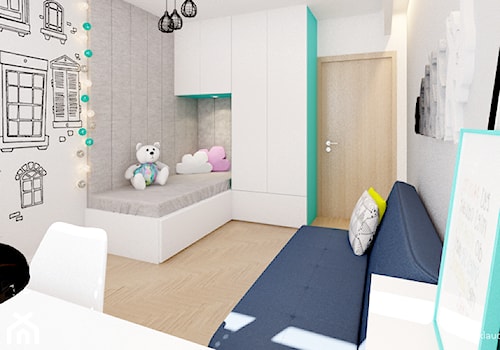 Pokój rodzeństwa – turkus - Mały biały szary pokój dziecka dla dziecka dla nastolatka dla chłopca dla dziewczynki, styl nowoczesny - zdjęcie od Klaudia Tworo Projektowanie Wnętrz