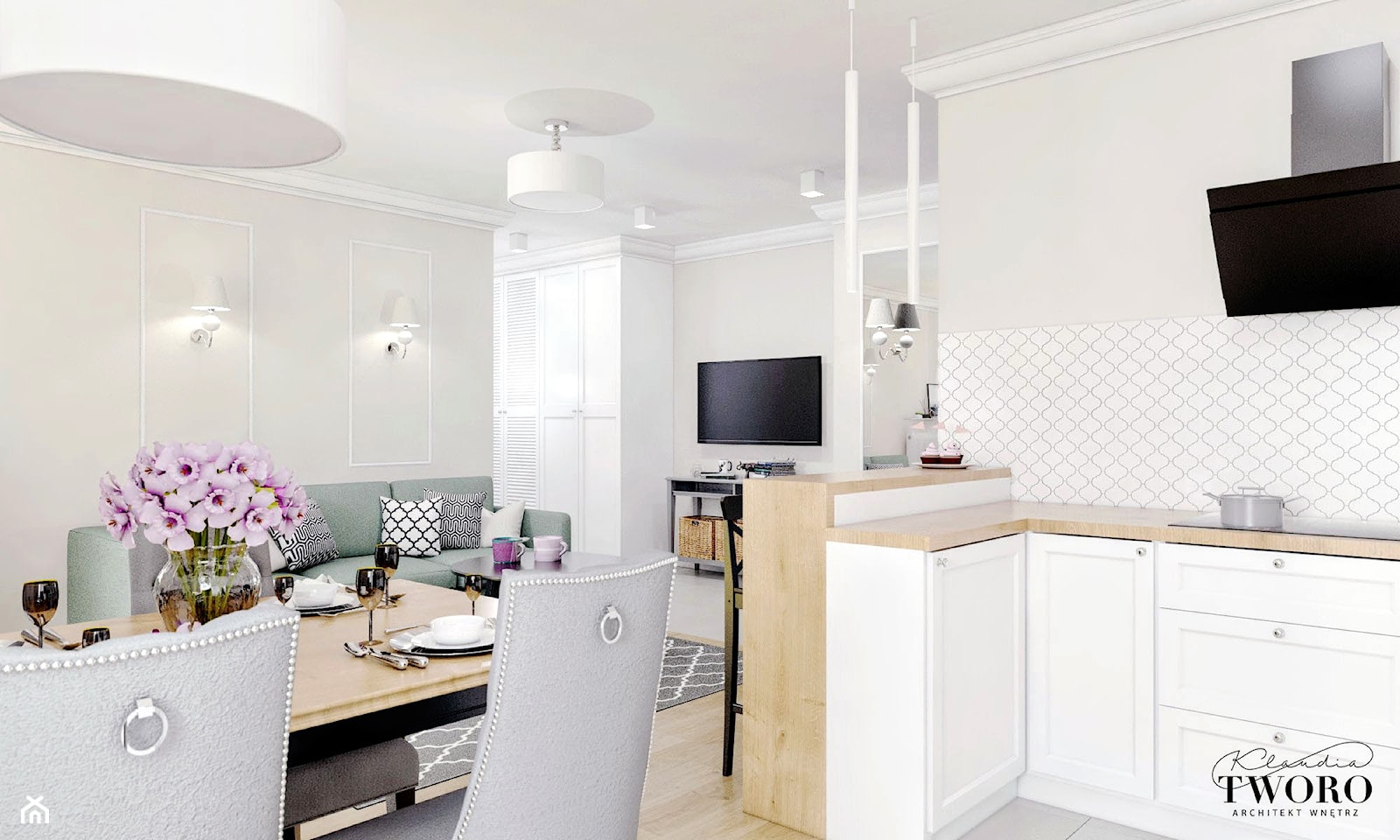 Mieszkanie_2 - Średni biały salon z kuchnią - zdjęcie od Klaudia Tworo Projektowanie Wnętrz - Homebook
