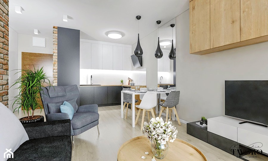 Mieszkanie Łódź - Chojny Park - Średnia biała szara jadalnia w salonie w kuchni, styl nowoczesny - zdjęcie od Klaudia Tworo Projektowanie Wnętrz