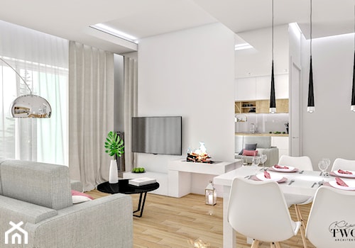 Mieszkanie w Łodzi - Duży biały szary salon z jadalnią - zdjęcie od Klaudia Tworo Projektowanie Wnętrz