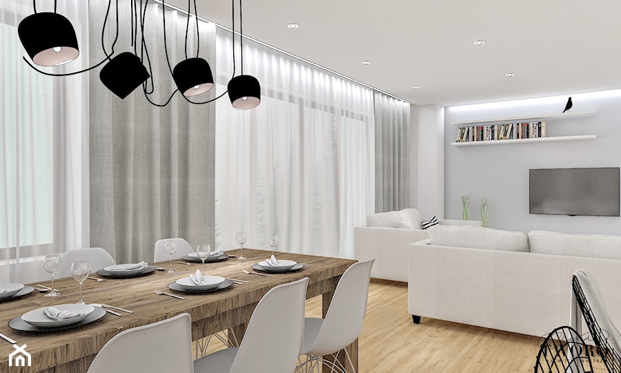 Dom Warszwa - Średni szary salon z jadalnią - zdjęcie od Klaudia Tworo Projektowanie Wnętrz