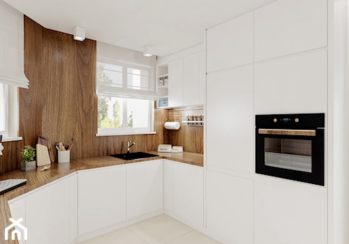 Dom w Łodzi - Duża otwarta biała z zabudowaną lodówką z podblatowym zlewozmywakiem kuchnia w kształcie litery u z oknem, styl nowoczesny - zdjęcie od Klaudia Tworo Projektowanie Wnętrz