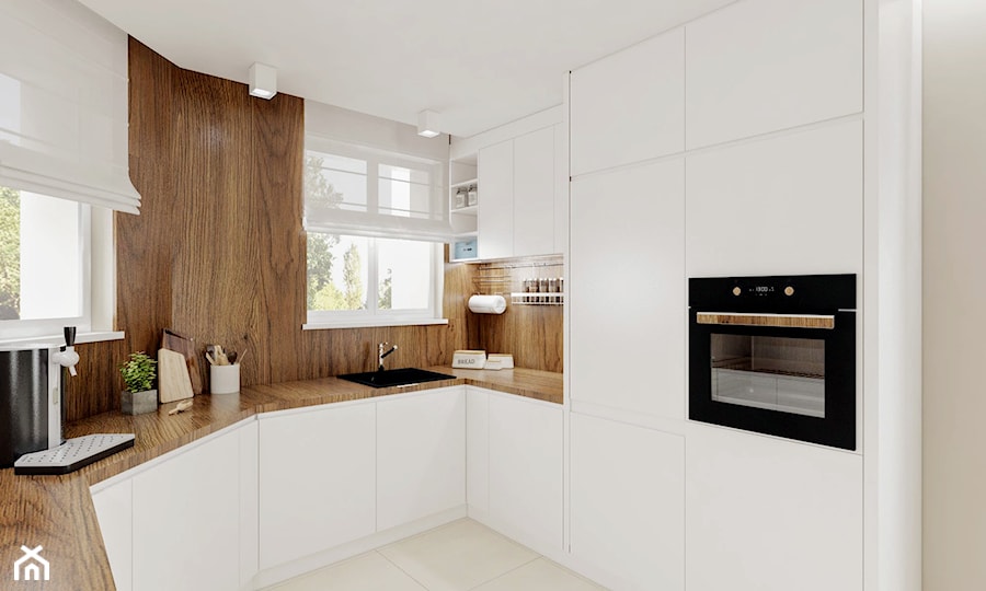 Dom w Łodzi - Duża otwarta biała z zabudowaną lodówką z podblatowym zlewozmywakiem kuchnia w kształcie litery u z oknem, styl nowoczesny - zdjęcie od Klaudia Tworo Projektowanie Wnętrz