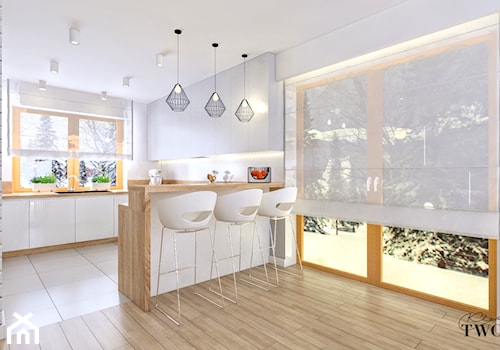 Dom Domiechowice - Biała z zabudowaną lodówką z lodówką wolnostojącą z nablatowym zlewozmywakiem kuchnia - zdjęcie od Klaudia Tworo Projektowanie Wnętrz