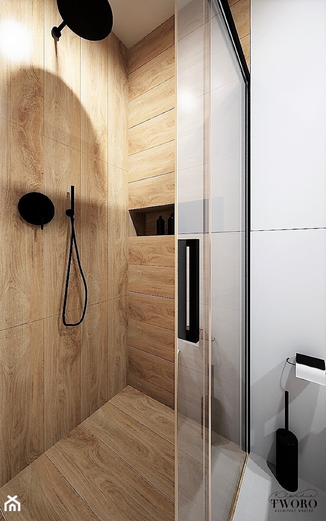 Łazienka z prysznicem szarość i drewno - zdjęcie od Klaudia Tworo Projektowanie Wnętrz - Homebook