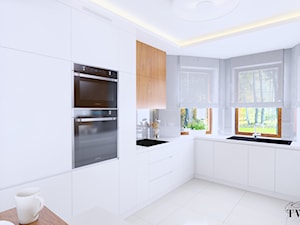 Kuchnia - Dom Gać Warcka - Średnia otwarta z kamiennym blatem biała z zabudowaną lodówką z nablatowym zlewozmywakiem kuchnia w kształcie litery u z oknem, styl minimalistyczny - zdjęcie od Klaudia Tworo Projektowanie Wnętrz