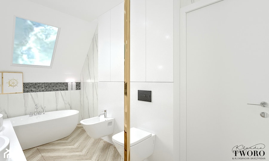 Dom w Jarocinie - Średnia na poddaszu z dwoma umywalkami łazienka z oknem, styl nowoczesny - zdjęcie od Klaudia Tworo Projektowanie Wnętrz