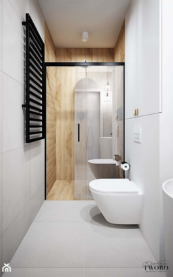 Łazienka z prysznicem szarość i drewno - zdjęcie od Klaudia Tworo Projektowanie Wnętrz - Homebook