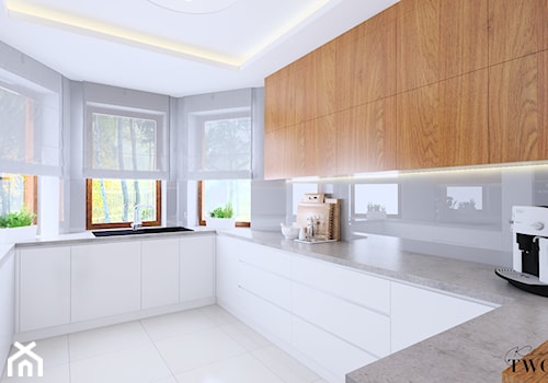 Kuchnia - Dom Gać Warcka - Duża otwarta z kamiennym blatem biała z zabudowaną lodówką z podblatowym zlewozmywakiem kuchnia w kształcie litery g z oknem, styl minimalistyczny - zdjęcie od Klaudia Tworo Projektowanie Wnętrz