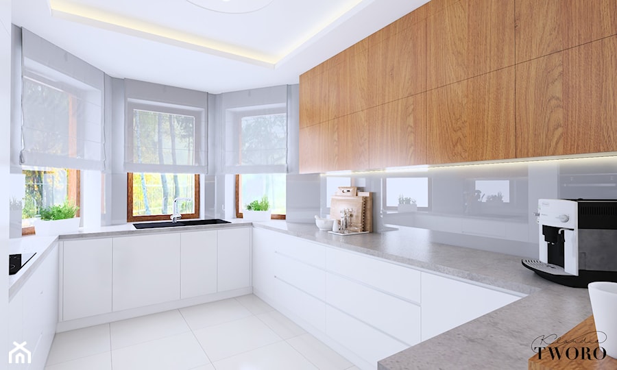 Kuchnia - Dom Gać Warcka - Duża otwarta z kamiennym blatem biała z zabudowaną lodówką z podblatowym zlewozmywakiem kuchnia w kształcie litery g z oknem, styl minimalistyczny - zdjęcie od Klaudia Tworo Projektowanie Wnętrz