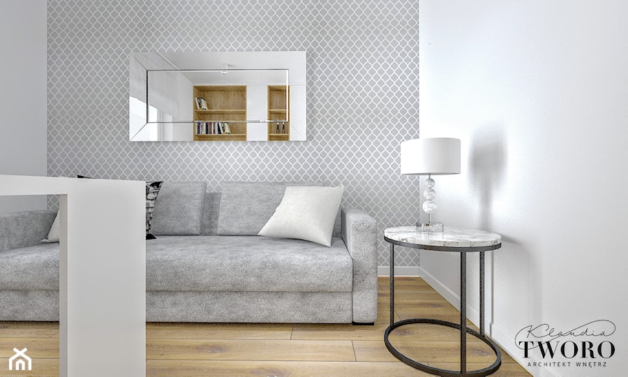 Dom w Jarocinie - Średni biały salon z bibiloteczką, styl nowoczesny - zdjęcie od Klaudia Tworo Projektowanie Wnętrz