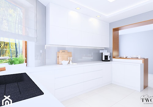 Kuchnia - Dom Gać Warcka - Duża otwarta biała szara z zabudowaną lodówką z podblatowym zlewozmywakiem kuchnia w kształcie litery l z oknem, styl minimalistyczny - zdjęcie od Klaudia Tworo Projektowanie Wnętrz
