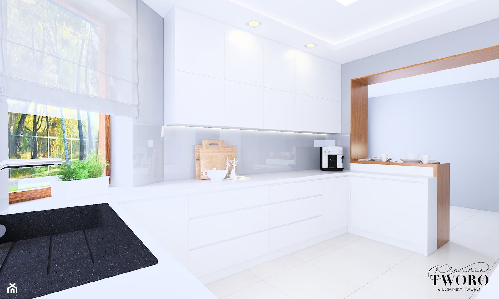 Kuchnia - Dom Gać Warcka - Duża otwarta biała szara z zabudowaną lodówką z podblatowym zlewozmywakiem kuchnia w kształcie litery l z oknem, styl minimalistyczny - zdjęcie od Klaudia Tworo Projektowanie Wnętrz - Homebook