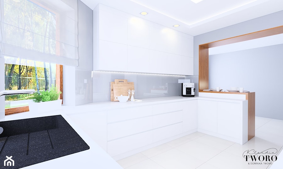 Kuchnia - Dom Gać Warcka - Duża otwarta biała szara z zabudowaną lodówką z podblatowym zlewozmywakiem kuchnia w kształcie litery l z oknem, styl minimalistyczny - zdjęcie od Klaudia Tworo Projektowanie Wnętrz