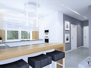 Dom Sadkowice - Duża biała szara z zabudowaną lodówką z podblatowym zlewozmywakiem kuchnia w kształcie litery g, styl nowoczesny - zdjęcie od Klaudia Tworo Projektowanie Wnętrz