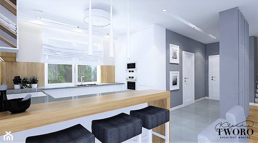 Dom Sadkowice - Duża biała szara z zabudowaną lodówką z podblatowym zlewozmywakiem kuchnia w kształcie litery g, styl nowoczesny - zdjęcie od Klaudia Tworo Projektowanie Wnętrz