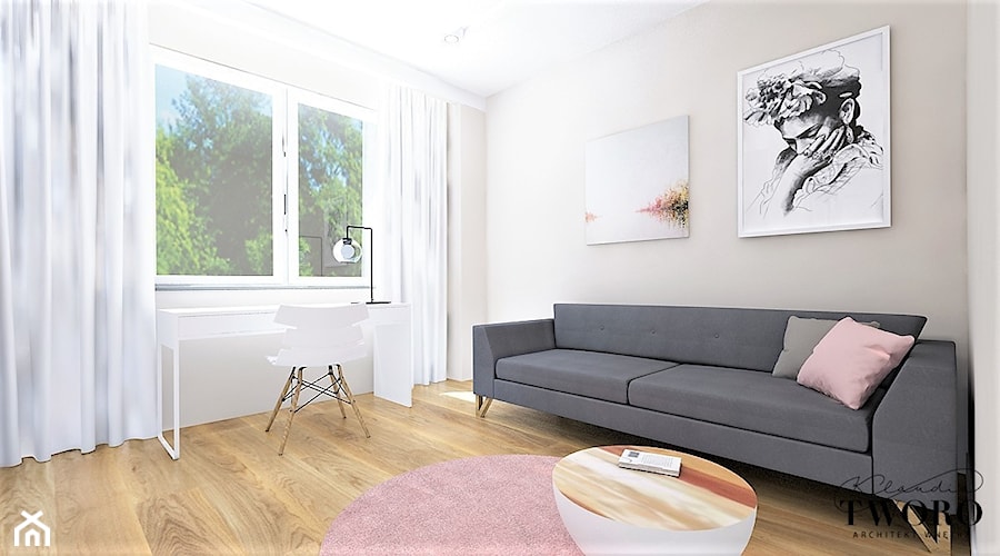Dom Sadkowice - Średnie w osobnym pomieszczeniu z sofą szare biuro, styl nowoczesny - zdjęcie od Klaudia Tworo Projektowanie Wnętrz
