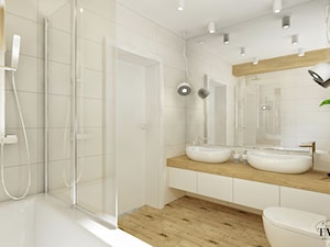Dom Warszwa - Średnia na poddaszu z lustrem z dwoma umywalkami łazienka z oknem - zdjęcie od Klaudia Tworo Projektowanie Wnętrz